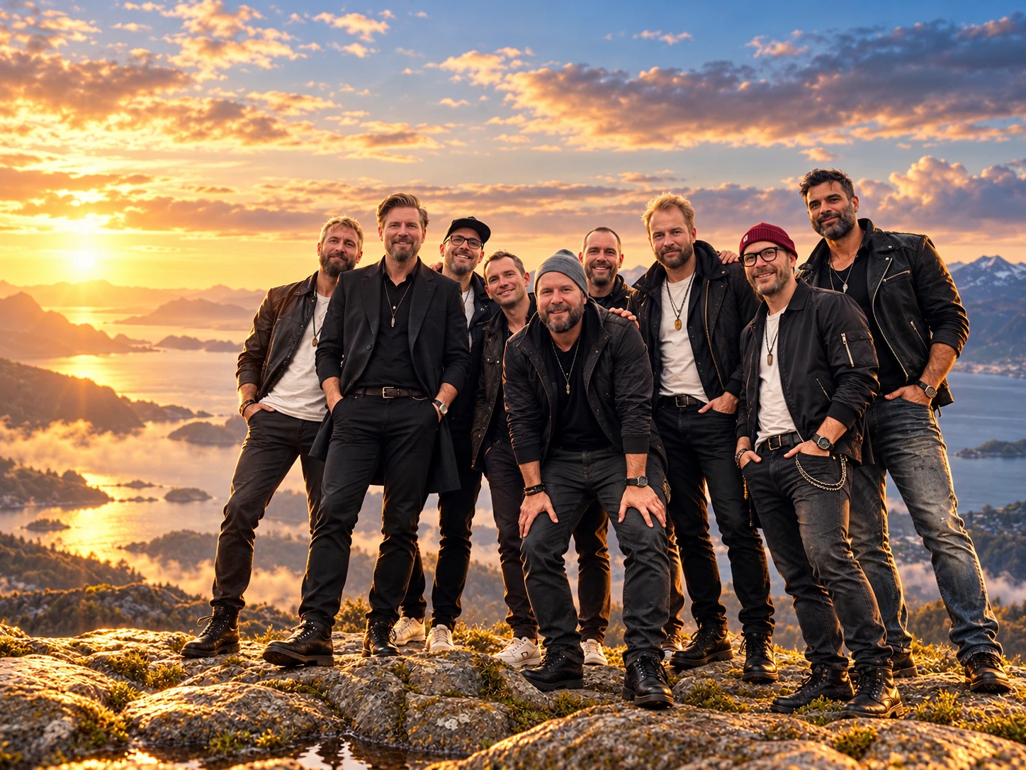 Nine people in dark jackets on a rocky summit above the fjords at sunset
